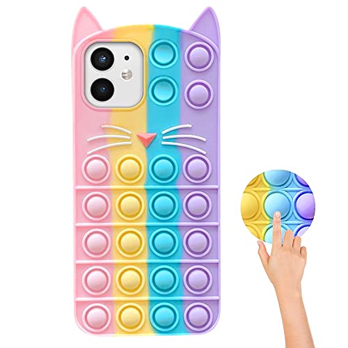 ISAKEN Pop Bubble Fidget Toys Handyhülle für iPhone 11 Hülle, Push Bubble Pop Fidget Sensory Toy Regenbogen Silikon TPU Schutzhülle, Süße Katze Weich Silikon Stoßfest Handyhülle für Frauen Mädchen von ISAKEN