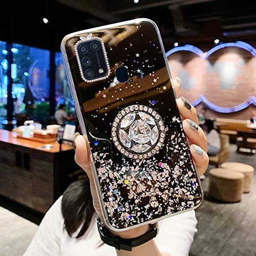 Kompatibel mit Samsung Galaxy M31 Hülle Silikon Glitzer Bling Glänzend Stern Durchsichtig Handyhülle Ultra Dünn Kristall Klar Weiche TPU Schutzhülle mit Ring Ständer für Galaxy M31,Schwarz von ISAKEN