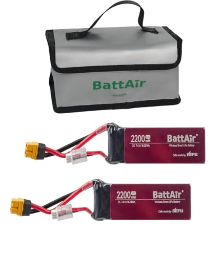 ISDT 7,4V Smart Lipo Akkus 2S 2200mAh 50C BattAir Rc Auto Batterie mit XT-60 Stecker Hobby Akkus mit Lipo-Tasche für RC Flugzeug Hubschrauber Plane Boot 1:10,Per Mobiltelefon Bedienbar(2 Packs) von ISDT