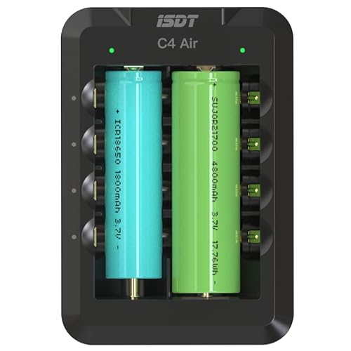 ISDT C4 AIR Batterieladegerät Akku Ladegerät Laden & Entladen für AA/AAA NiMH NI-Cd Li-Ion-, LiHv- und LiFePO4 18650 18700 26650 wiederaufladbare Batterien, Schnellladen + Type-C QC 3.0 ISDT C4 AIR Batterieladegerät Akku Ladegerät Laden & Entladen für AA/AAA NiMH NI-Cd Li-Ion-, LiHv- und LiFePO4 18650 18700 26650 wiederaufladbare Batterien, Schnellladen + Type-C QC 3.0 von ISDT