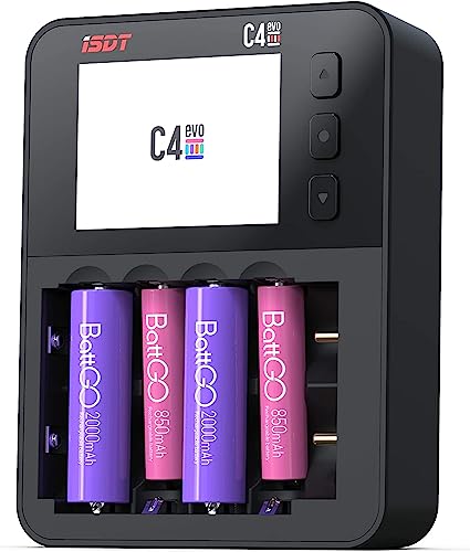 ISDT C4 EVO Batterieladegerät Akku Ladegerät Laden & Entladen für AA/AAA NiMH NI-Cd Li-Ion-, LiHv- und LiFePO4 18650 18700 26650 wiederaufladbare Batterien, Schnellladen + TYPE-C QC 3.0 ISDT C4 EVO Batterieladegerät Akku Ladegerät Laden & Entladen für AA/AAA NiMH NI-Cd Li-Ion-, LiHv- und LiFePO4 18650 18700 26650 wiederaufladbare Batterien, Schnellladen + TYPE-C QC 3.0 von ISDT