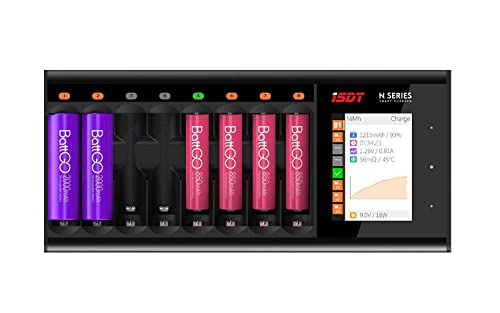 ISDT N8 8-Slot Schnellladegerät, 18W Smart LCD Farbbildschirm Ladegerät, AA/AAA Ladegerät mit Ladezyklus, Entladung, Analyse, Ladegerät für Li-lon LiHv NI-MH NI-Cd LiFePO4 Recycelbare Batterien von ISDT