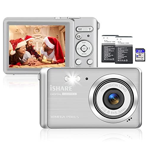 ISHARE Digitalkamera für Einsteiger - 30MP 1080P 18X Digitaler Zoom 2.8 "LCD Bildschirm, Point and Shoot Kamera mit 2X Batterien und 32G SD Karte, Ideale Kameras für Fotografie Enthusiasten(Silber) von ISHARE