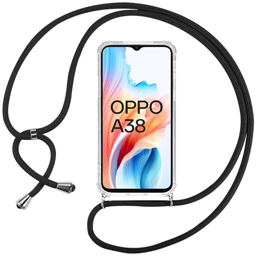 ISOI Hülle mit Seil für Oppo A38, transparente TPU-Hülle aus weichem Silikon mit verstellbarem Aufhängeband, Halskette, Umhängeband, Kettenschnur, Schwarz von ISOI