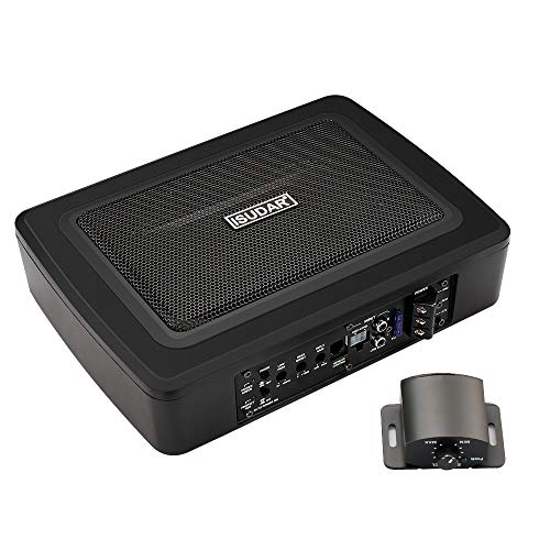 ISUDAR 9 Zoll schlanker Max 600W Subwoofer Aktiv Powered Untersitz-Auto Audio Subwoofer eingebautem Verstärker für Auto/LKW mit Fernbedienung niedrigen und hohen Eingangspegeln, Schwarz von ISUDAR