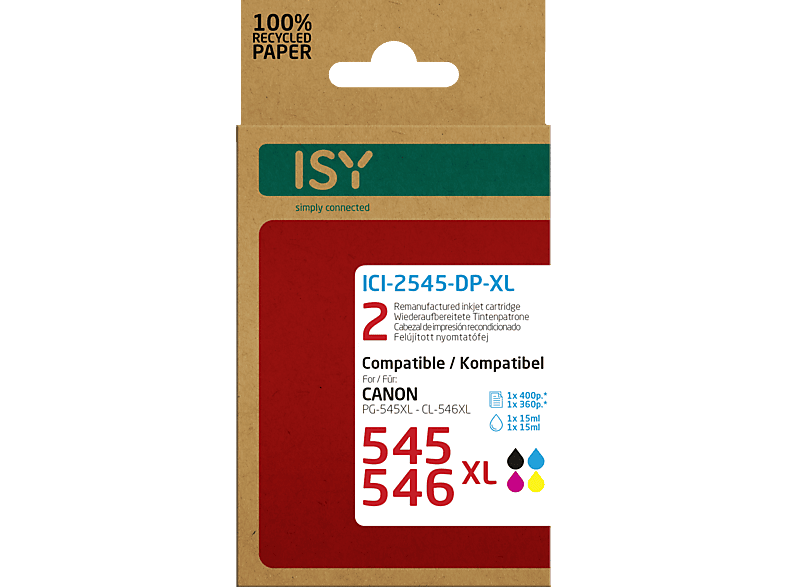 ISY ICI-2545-DP-XL Tintenpatrone Mehrfarbig (Doppelpack 2 Canon PG-545XL bk + CL-546XL cl) von ISY