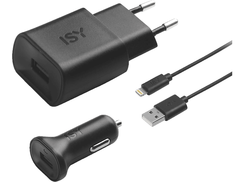 ISY ITS-2000 LIGHTNING TRAVEL CHARGE SET Reiseladegerät alle Lightning-fähigen Geräte, Schwarz von ISY