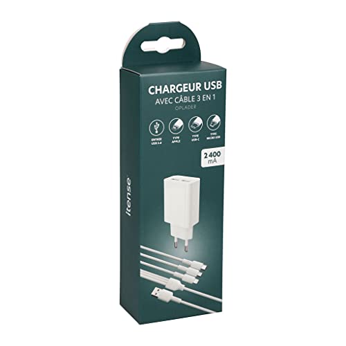 ITENSE - Doppel-USB-Ladegerät – mit 3-in-1-Kabel – Kabellänge: 1 m – kompatibel mit Apple, USB-C und Micro-USB – Schnellladung – Eingang: AC 100-240 V, 50/60 Hz, 0,4 A – USB-Ausgang: DC 5 V/2400 mA von ITENSE