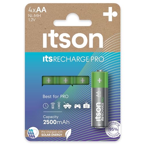 ITSON, Akkus AA, PRO, 4 Stück, leistungsstarke wiederaufladbare Akkus, Kapazität mit min. 2500 mAh, Verpackung 95% recycelt, Made in Japan, am besten für Spielcontroller, Kinderspielzeuge von ITSON