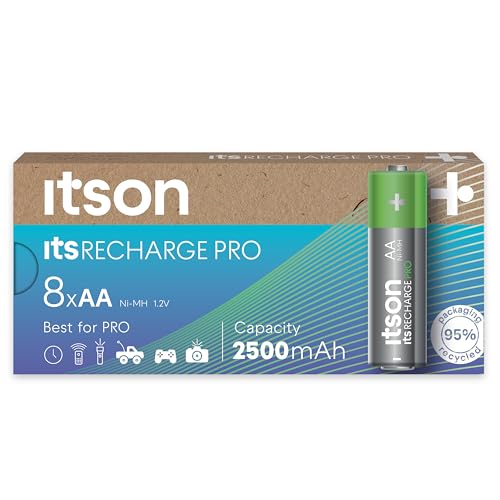 ITSON, Akkus AA, PRO, 8 Stück, leistungsstarke wiederaufladbare Akkus, Kapazität mit min. 2500 mAh, Verpackung 95% recycelt, Made in Japan, am besten für Spielcontroller, Kinderspielzeuge von ITSON