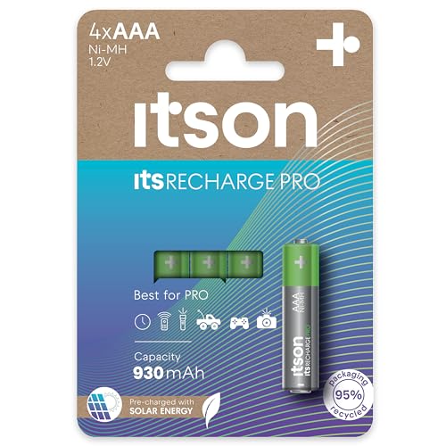 ITSON, Akkus AAA, PRO, 4 Stück, leistungsstarke wiederaufladbare Akkus, Kapazität mit min. 930 mAh, Verpackung 95% recycelt, Made in Japan, am besten für Spielcontroller, Kinderspielzeuge von ITSON