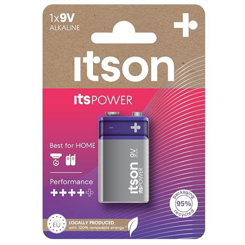 ITSON, Batterien 9V, 1 Stück, Alkaline Batterien, für Uhren, Rauchmelder, umweltfreundliche Verpackung 95% recycelt von ITSON