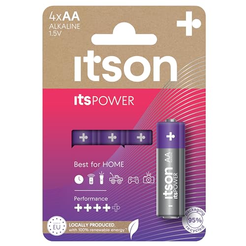 ITSON, Batterien AA, 4 Stück, Alkaline Batterien, 1.5V, für Uhren, Taschenlampen, Fernbedienungen, umweltfreundliche Verpackung 95% recycelt von ITSON