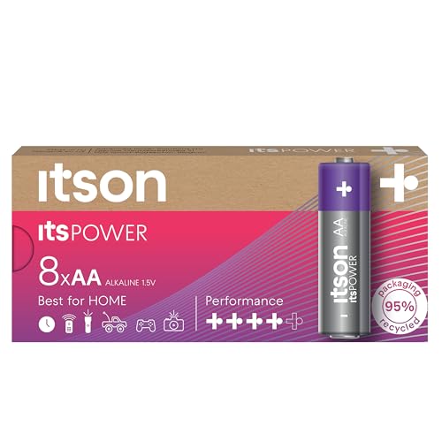 ITSON, Batterien AA, 8 Stück, 1.5V, Alkaline Batterien, für Uhren, Taschenlampen, Fernbedienungen, umweltfreundliche Verpackung 95% recycelt von ITSON