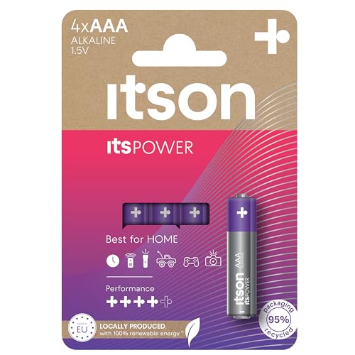 ITSON, Batterien AAA, 4 Stück, 1.5V, Alkaline Batterien, für Uhren, Taschenlampen, Fernbedienungen, umweltfreundliche Verpackung 95% recycelt von ITSON