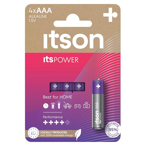ITSON, Batterien AAA, 4 Stück, 1.5V, Alkaline Batterien, für Uhren, Taschenlampen, Fernbedienungen, umweltfreundliche Verpackung 95% recycelt ITSON, Batterien AAA, 4 Stück, 1.5V, Alkaline Batterien, für Uhren, Taschenlampen, Fernbedienungen, umweltfreundliche Verpackung 95% recycelt von ITSON