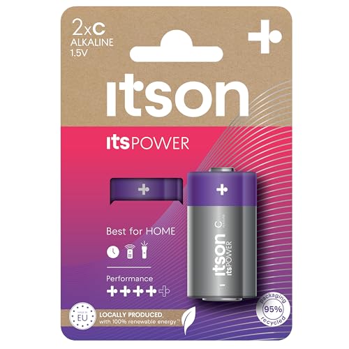 ITSON, Batterien C, 2 Stück, 1.5V, Alkaline Batterien, für Uhren, Taschenlampen, Fernbedienungen, umweltfreundliche Verpackung 95% recycelt von ITSON