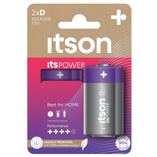 ITSON, Batterien D, 2 Stück, 1.5V, Alkaline Batterien, für Uhren, Taschenlampen, Fernbedienungen, umweltfreundliche Verpackung 95% recycelt von ITSON