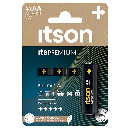 ITSON Batterien AA, 4 Stück, leistungsstarke Alkaline Batterien, 1,5V, umweltfreundliche Verpackung 95% recycelt, Made in EU, ideal für Spielzeug, Kameras, Spielcontroller und Haushalt von ITSON