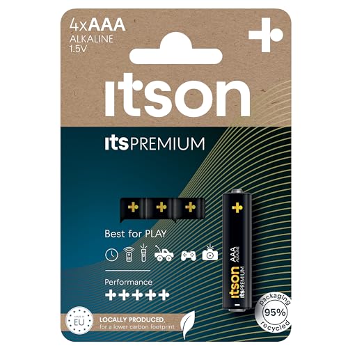 ITSON Batterien AAA, 4 Stück, leistungsstarke Alkaline Batterien, 1,5V, umweltfreundliche Verpackung 95% recycelt, Made in EU, ideal für Spielzeug, Kameras, Spielcontroller und Haushalt von ITSON