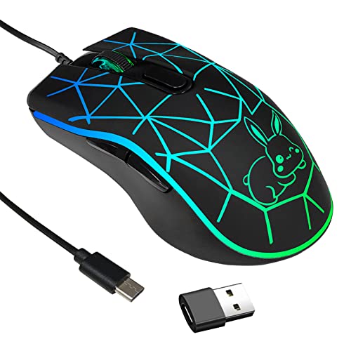 IULONEE Kabelgebundene Gaming Maus USB C geräuscharmes Klicken 7 Farben Hintergrundbeleuchtung optische Typ-C Gaming Maus mit 2400 DPI und 6 Tasten für PC Computer Laptop Desktop Mac Black von IULONEE