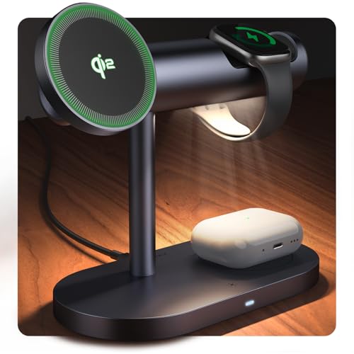 iVANKY Qi2-zertifizierte 4 in 1 Ladestation Stand mit Nachtlamp, Induktive Kabellose Ladegerät für Magsafe Wireless Charger 3 in 1 Schnellladung für iPhone Apple iWatch AirPods(33W PD-Lader dabei) von IVANKY