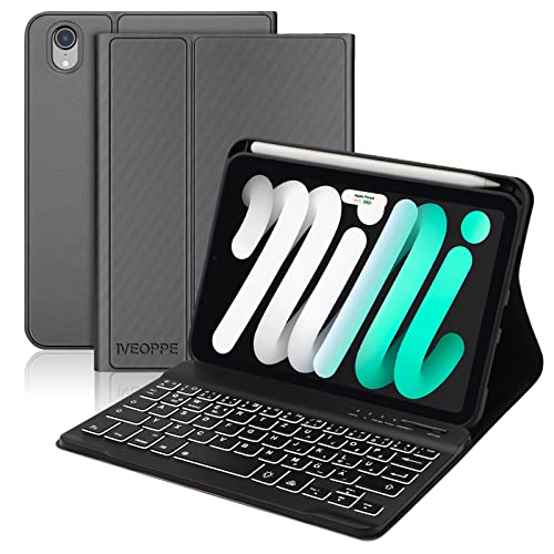 IVEOPPE Beleuchtete Tastatur Hülle Kompatibel mit iPad Mini 6 2021 (6.Generation), Deutsches QWERTZ Abnehmbare Bluetooth Tastatur mit Hülle für iPad Mini 6 2021 8,3 Zoll, Grau von IVEOPPE