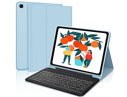 IVEOPPE Samsung Galaxy Tab S7 FE Tastatur, Tastatur Hülle für Samsung Galaxy Tab S7 FE/S7+/S8+ 12.4'', 7-Farbige Beleuchtung QWERTZ Kabellose Bluetooth Samsung Tab S7 Tastatur mit Hülle, Babyblau von IVEOPPE