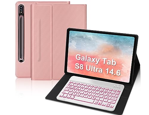 IVEOPPE Samsung Tab S8 Ultra Hülle mit Tastatur 2022, Tastatur für Galaxy Tab S8 Ultra 14.6", Magnetisch Abnehmbarer Tastatur Samsung S9 Ultra mit QWERTZ Layout Pencil Halter, Rosa von IVEOPPE