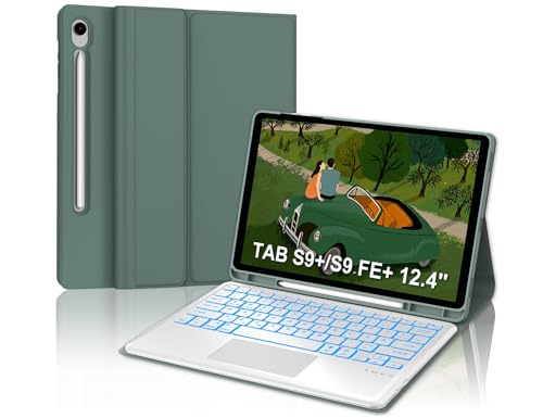 IVEOPPE Samsung Galaxy Tab S9 FE Plus Hülle mit Tastatur - Hülle Tastatur für Samsung Tab S9+ /S9 FE+, QWERTZ Abnehmbare Bluetooth Tastatur mit Touchpad für Galaxy Tab S9+, Dunkelgrün von IVEOPPE