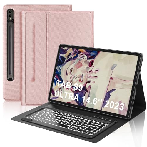 IVEOPPE Tastatur für Samsung Galaxy Tab S10 Ultra 2024, Hülle mit Tastatur Galaxy Tab S10/S9 Ultra, Abnehmbarer QWERTZ Layout Beleuchtung für Samsung S9/S10 Ultra 14.6 Zoll, Rosa von IVEOPPE