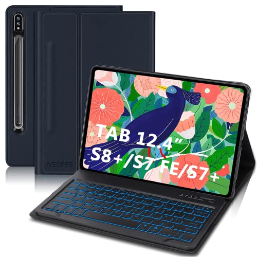 IVEOPPE Samsung Tab S7 Fe Hülle mit Tastatur, Tastatur Hülle für Samsung Galaxy Tab S7 FE/S7+/S8+/S7 Plus/S8 Plus 12.4'', Beleuchtete Deutsches QWERTZ Kabellose Bluetooth Tastatur mit Schutzhülle von IVEOPPE