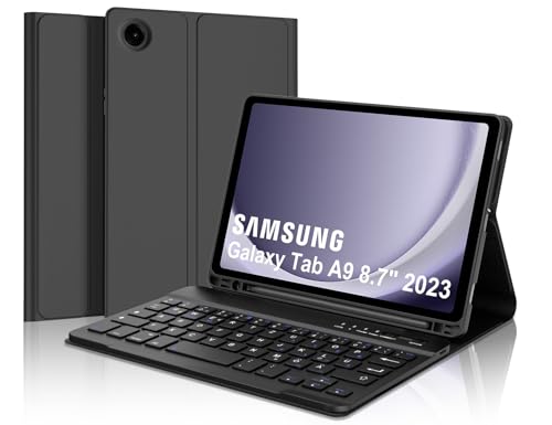 IVEOPPE Samsung Tablet A9 Hülle mit Tastatur, Tastatur Hülle für Samsung Galaxy Tab A9 2023 8.7 Zoll, Magnetisch Abnehmbarer Tastatur Hülle Galaxy Tab A9 mit QWERTZ Layout Pencil Halter, Schwarz von IVEOPPE