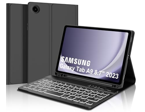 IVEOPPE Samsung Tablet A9 Hülle mit Tastatur - QWERTZ 7 Farben Beleuchtete Kabellose Abnehmbare Tastatur für Samsung Tablet A9 8.7 Zoll 2023 Tablet SM-X110/X115/X117, Samsung Tab A9 Hülle. von IVEOPPE