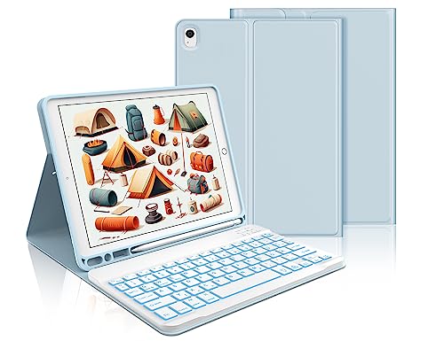IVEOPPE Tastatur Hülle Kompatibel mit iPad 9.Gen/ 8.Gen/ 7. Generation 10,2 Zoll (2021/2020/2019),QWERTZ Beleuchtete Abnehmbare Kabellose Tastatur mit Hülle für iPad Air 3/iPad Pro 10.5 Zoll, Hellblau von IVEOPPE