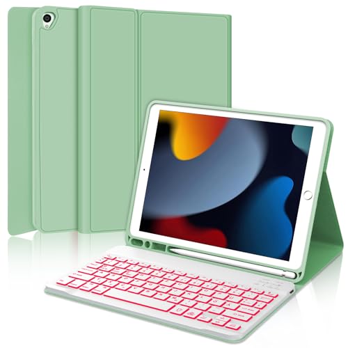 IVEOPPE Tastatur Hülle Kompatibel mit iPad 9.Gen/ 8.Gen/ 7. Generation 10,2 Zoll (2021/2020/2019),QWERTZ Beleuchtete Abnehmbare Kabellose Tastatur mit Hülle für iPad Air 3/iPad Pro 10.5 Zoll, Hellgrün von IVEOPPE