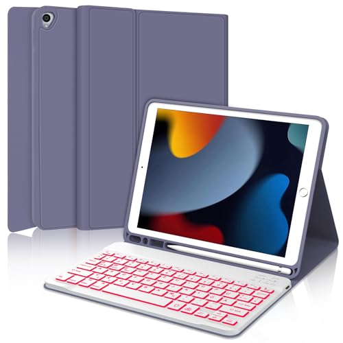 IVEOPPE Tastatur Hülle Kompatibel mit iPad 9.Gen/ 8.Gen/ 7. Generation 10,2 Zoll (2021/2020/2019),QWERTZ Beleuchtete Abnehmbare Kabellose Tastatur mit Hülle für iPad Pro 10.5 Zoll, Lavendel Lila von IVEOPPE