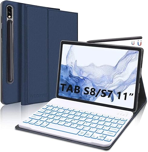 IVEOPPE Tastatur Hülle für Samsung Galaxy Tab S8 2022 / Tab S7 2020, Beleuchtete Abnehmbare QWERTZ Tastatur mit Hülle für Samsung Galaxy Tab S8/ Tab S7 11 Zoll (SM-X700/X706/T870/T875), Blau von IVEOPPE