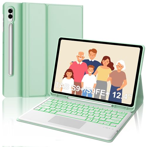 IVEOPPE Tastatur für Samsung Galaxy Tab S9FE Plus, Hülle mit Tastatur für Samsung Tab S9+ 12.4", Magnetisch 7-Farbige Beleuchtung Touchpad Tastatur QWERTZ Layout Galaxy S9+/S9FE+ Tablet 2023, Grün von IVEOPPE