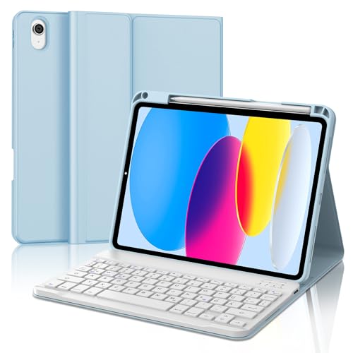 IVEOPPE Hülle mit Tastatur für iPad A16 11 Generation 2025/10 Generation 2022, Bluetooth Magnetische Tastatur für iPad 11./10. Gen (11/10.9 Zoll), 7-Farbige Beleuchtung, QWERTZ Layout Keyboard, Blau von IVEOPPE