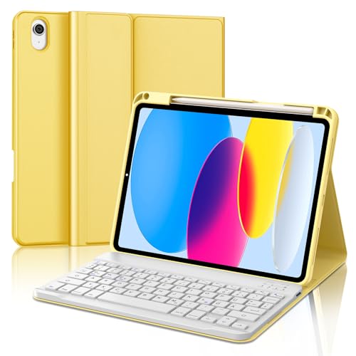 IVEOPPE Hülle mit Tastatur für iPad A16 11 Generation 2025/10 Generation 2022, Bluetooth Magnetische Tastatur für iPad 11./10. Gen (11/10.9 Zoll), QWERTZ Layout Keyboard, Gelb von IVEOPPE