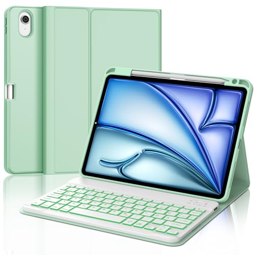 IVEOPPE Tastatur für iPad Air 11 2025 M3/2024 M2, 7-Farbige Beleuchtung, Schutzhülle mit Stifthalter, Hülle mit Bluetooth Magnetisch QWERTZ Tastatur für iPad Air 7./6. Generation 11 Zoll M3/M2, Grün von IVEOPPE