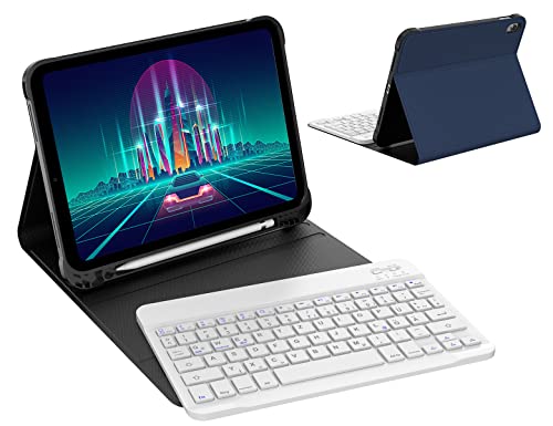 IVEOPPE iPad 10. Generation Tastatur Hülle für iPad 10,9 Zoll, Schutzcase mit Pencil Halter,magnetisch abnehmbares weißes Notebook -Tastatur, Deutsches QWERTY -Layout,Dunkelblau von IVEOPPE