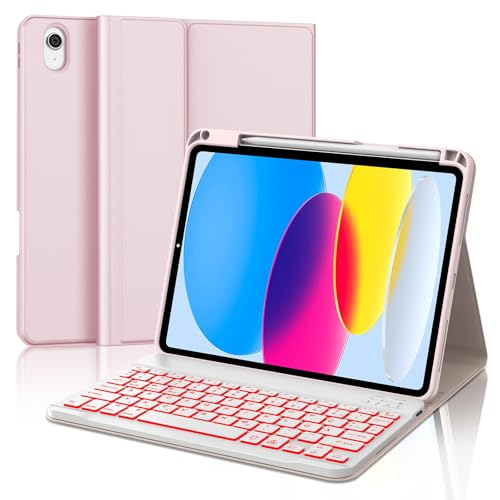 Tastatur iPad 10. Generation, iPad 10 Hülle mit Tastatur 10,9 Zoll 2022, 7-Farbige Beleuchtung Magnetisch Abnehmbare Bluetooth QWERTZ Hülle Tastatur für iPad 10 Generation, Roségold von IVEOPPE