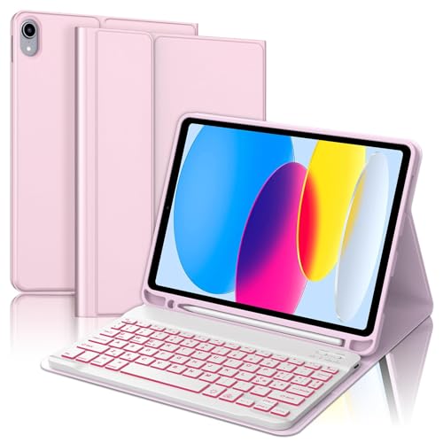 Tastatur iPad 10. Generation, iPad 10 Hülle mit Tastatur 10,9 Zoll 2022, 7-Farbige Beleuchtung Magnetisch Abnehmbare Bluetooth QWERTZ Hülle Tastatur für iPad 10 Generation, Roségold von IVEOPPE