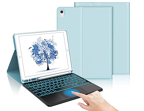 IVEOPPE iPad 9. Generation Hülle mit Tastatur, iPad 10.2 Hülle mit Tastatur, Bluetooth QWERTZ iPad 9.Gen/8.Gen/7.Gen/Air 3 2019 Tastatur mit Touchpad, Hellblau von IVEOPPE
