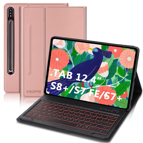 Samsung Galaxy Tab S7 Fe Tastatur, Tastatur Hülle für Samsung Galaxy Tab S7 FE/S7+/S8+ 12.4'', Abnehmbarer 7-Farbige Beleuchtung Tastatur für Galaxy Tab S7 Plus/S8 Plus mit QWERTZ Layout, Roségold von IVEOPPE