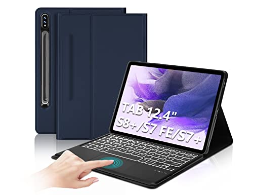 Samsung Galaxy Tab S7 Fe Tastatur, Tastatur Hülle mit Touchpad for Samsung Galaxy Tab S7 FE/S7+/S8+/S7 Plus/S8 Plus 12.4 inches, QWERTZ wireless Bluetooth keyboard with protective case,Dunkelblau von IVEOPPE
