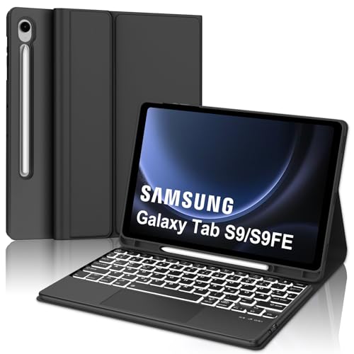 Samsung Galaxy Tab S9 FE Hülle mit Tastatur, Samsung Tablet Tastatur mit Touchpad für Galaxy Tab S9 FE 10.9"/Tab S9 11" 2023, Magnetisch Abnehmbarer 7-Farbige Beleuchtung mit QWERTZ Layout, Schwarz von IVEOPPE