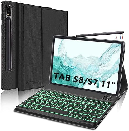 IVEOPPE Tastatur Hülle für Samsung Galaxy Tab S8 2022 / Tab S7 2020, Beleuchtete Abnehmbare QWERTZ Tastatur mit Hülle für Samsung Galaxy Tab S8/ Tab S7 11 Zoll (SM-X700/X706/T870/T875), Schwarz von IVEOPPE